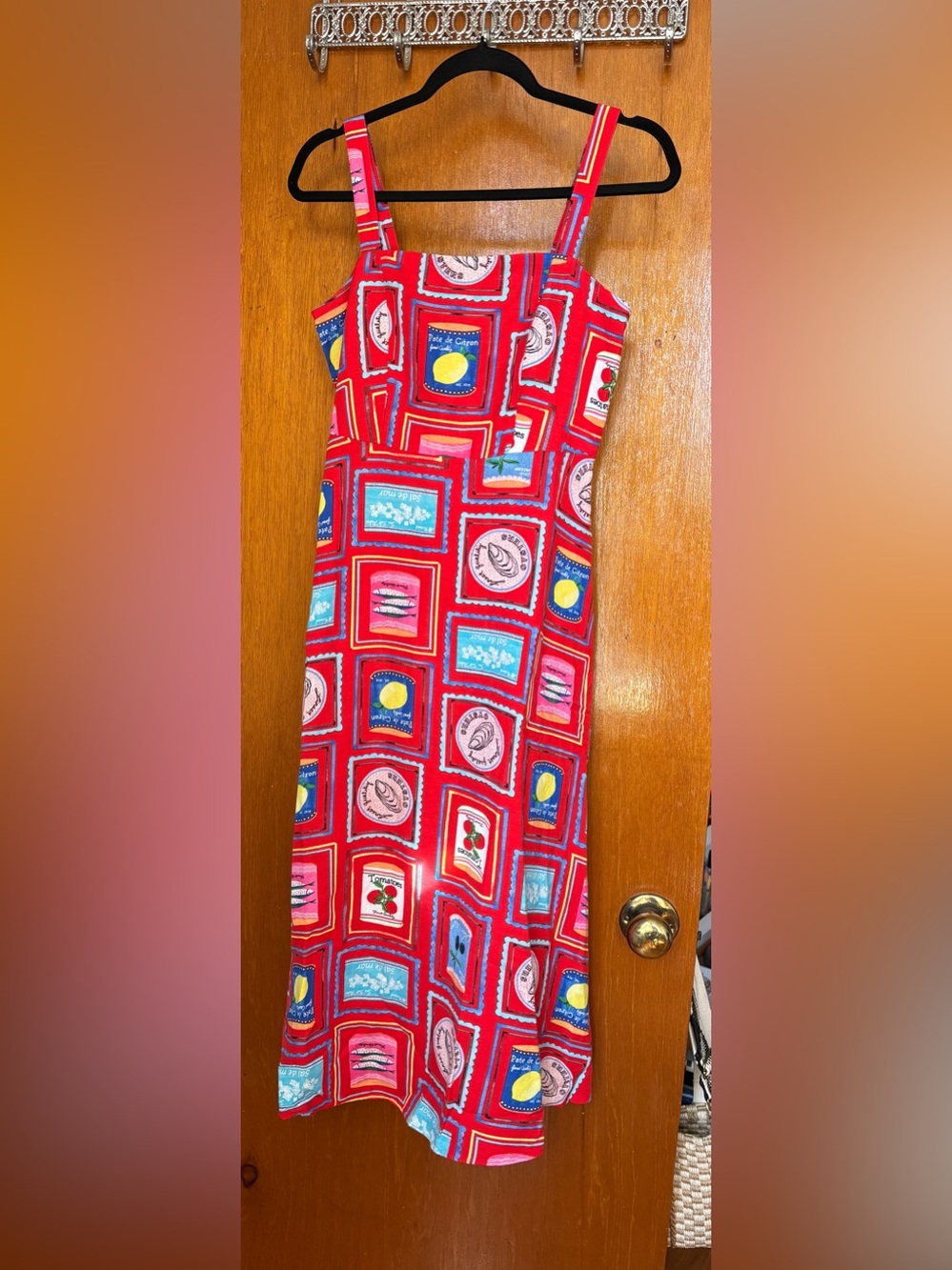 Loft tomato tamale red can print linen blend strappy midi dress petite 2